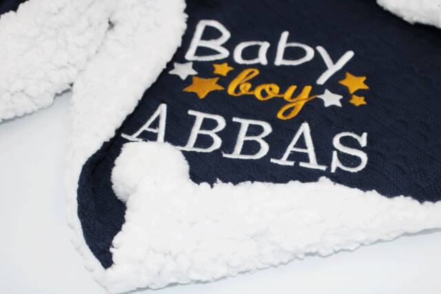 Personalized Baby Blanket Navy Cable Knit With Embroidered Stars - image 1