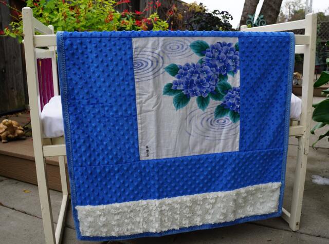 Handmade Modern Baby Minky Blanket Blue & White Japanese Hand Towel - Tenugui Hydrangea Print - image 1