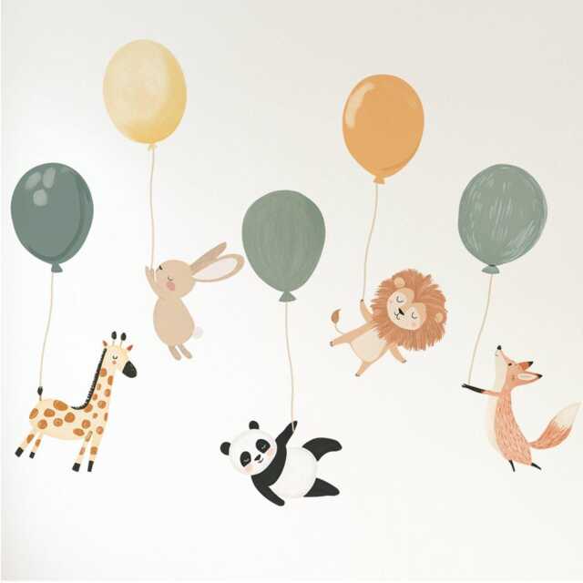 Fabric Nursery Wall Stickers - Cute Animals With Balloons Removable Decals For Kids' Bedroom Or Playroom - image 1