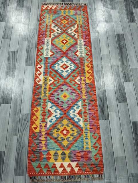 Runner Rug Tribal, Handmade Artisan Afghan Turkish, Scandinavian, Navajo, Bohemian, Wool Flatweave Multicolour Kilim 199x62 cm - image 1