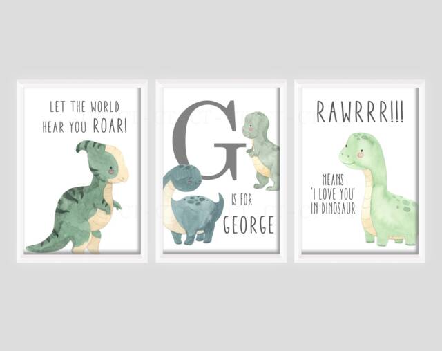 Green Dinosaur Boys A4 Or A3 Bedroom Nursery Set Of 3 Unframed Prints Grey Dino - image 1