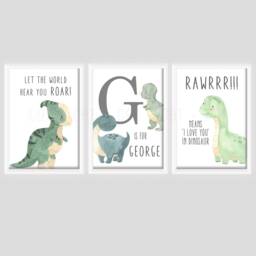 Green Dinosaur Boys A4 Or A3 Bedroom Nursery Set Of 3 Unframed Prints Grey Dino - thumbnail 2