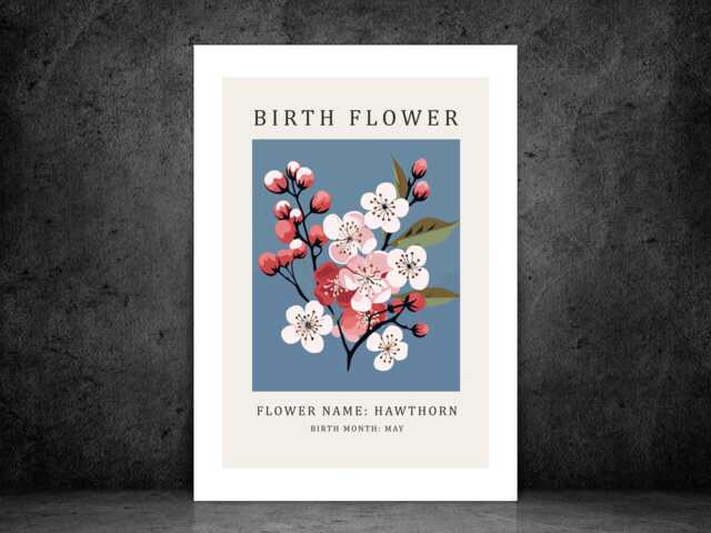 Birth Flower Print May Hawthorn - Birthday Month Poster Botanical Wall Art Gift Idea A5 A4 A3 Framed Or Unframed - image 1
