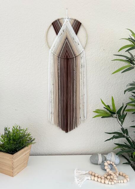 Brown Beige Yarn Wall Hanging, Retro Boho Hoop Art - image 1