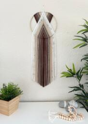 Brown Beige Yarn Wall Hanging, Retro Boho Hoop Art - thumbnail 1
