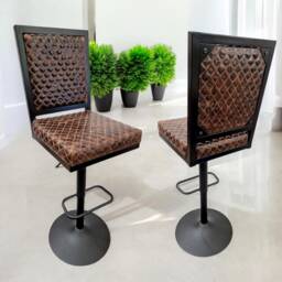 Diamond Stitch Genuine Leather Stool - Adjustable Height + Swivel Counter Or Bar Heigh With Back Support Glbk