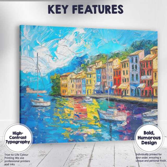 Colourful Mediterranean Harbour Impasto Coastal Village Landscape Painting Canvas Wall Art Print Decor Picture Ready To Hang - image 1