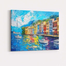 Colourful Mediterranean Harbour Impasto Coastal Village Landscape Painting Canvas Wall Art Print Decor Picture Ready To Hang - thumbnail 4