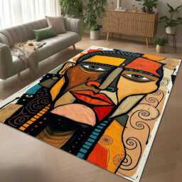 Abstract Tribal Face Rug - Modern Ethnic Portrait Tile Mat Art Decor - thumbnail 2