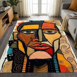 Abstract Tribal Face Rug - Modern Ethnic Portrait Tile Mat Art Decor - thumbnail 1