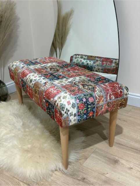 Damask Printed Fabric Footstool Plush Ottoman Bench, Wood Legs - image 1