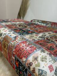 Damask Printed Fabric Footstool Plush Ottoman Bench, Wood Legs - thumbnail 2