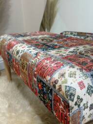 Damask Printed Fabric Footstool Plush Ottoman Bench, Wood Legs - thumbnail 3