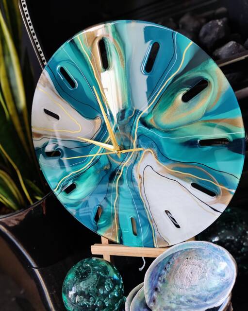 Handmade Resin Wall Clock in The Geode Marble Effect, With Teal & Gold Accents - image 1