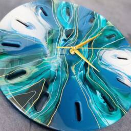 Handmade Resin Wall Clock in The Geode Marble Effect, With Teal & Gold Accents - thumbnail 3