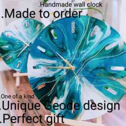Handmade Resin Wall Clock in The Geode Marble Effect, With Teal & Gold Accents - thumbnail 2