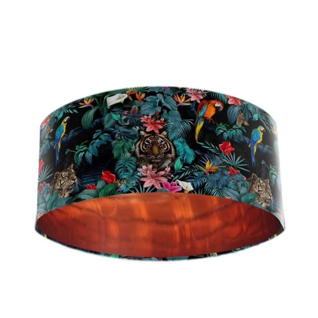Teal Blue Jungle Velvet Lampshade With Tiger, Parrots & Mirror Copper Lining - image 1