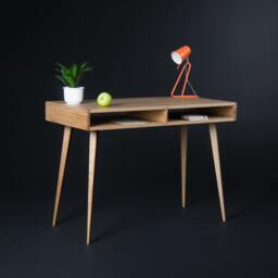 Heim - Mid Century Modern Desk, Computer Table, Bureau, Open Shelf, Oak Wood, Customized Size & Finish - thumbnail 2