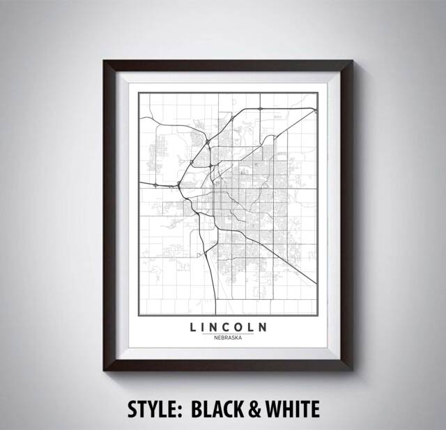 Lincoln Nebraska Map Art Print Modern Black & White Office Decor - image 1