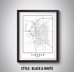 Lincoln Nebraska Map Art Print Modern Black & White Office Decor - thumbnail 1