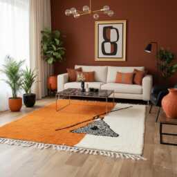 Handmade Moroccan Wool Rug - Abstract Orange Cream Black Carpet - thumbnail 3