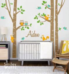Birch Trees Nursery Wall Decal Forest Animals Kids Personalized Owsl Squirrels Birds Baby Room Art Decor Sticker