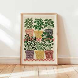 Herb Garden Poster, Plant Pot Print, Botanical Wall Art, Colorful Kitchen Decor Mediterranean Lover Gift Poster - thumbnail 1