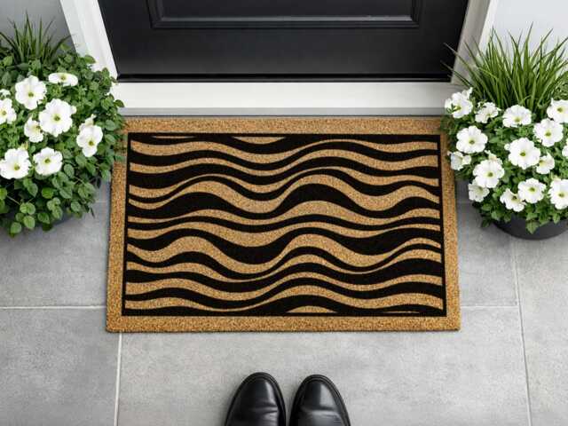 Zebra Print Style Doormat - Black & Tan Wavy Stripe Mat Modern Porch Decor - image 1