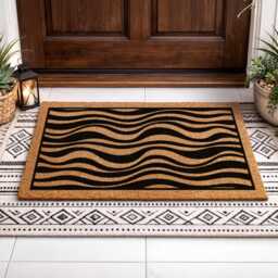 Zebra Print Style Doormat - Black & Tan Wavy Stripe Mat Modern Porch Decor - thumbnail 2