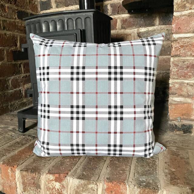 733. Handmade Tartan Check On Grey 100% Cotton Cushion Cover