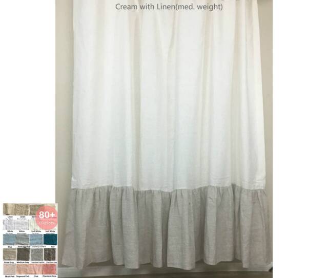 Natural Linen Color Block Shower Curtain With Mermaid Long Ruffles - Custom Extra Long, 40+ Fabric, Solid, Striped - image 1