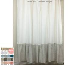 Natural Linen Color Block Shower Curtain With Mermaid Long Ruffles - Custom Extra Long, 40+ Fabric, Solid, Striped - thumbnail 1