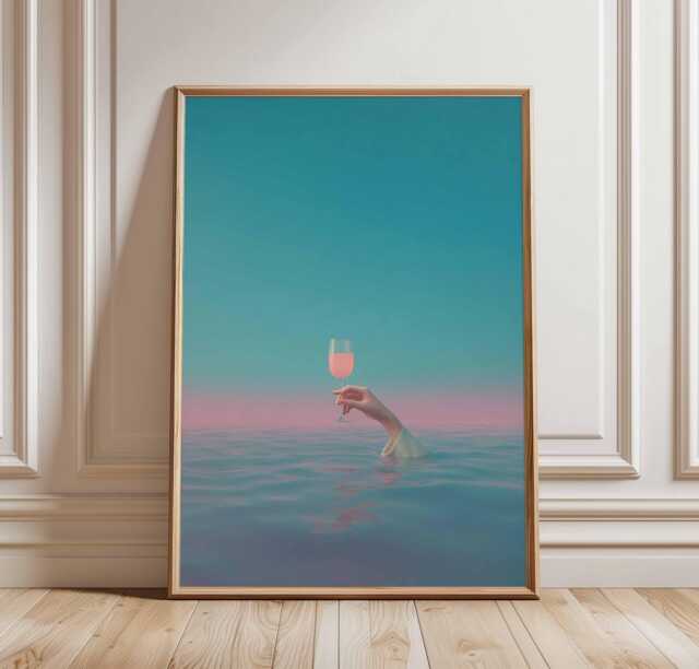 Ros?? in The Ocean Poster, Dreamy Surreal Wall Art, Hand Holding Wine Glass Water Print, Pink & Blue Aesthetic Decor - image 1