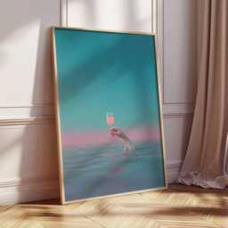 Ros?? in The Ocean Poster, Dreamy Surreal Wall Art, Hand Holding Wine Glass Water Print, Pink & Blue Aesthetic Decor - thumbnail 3