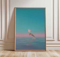 Ros?? in The Ocean Poster, Dreamy Surreal Wall Art, Hand Holding Wine Glass Water Print, Pink & Blue Aesthetic Decor - thumbnail 1