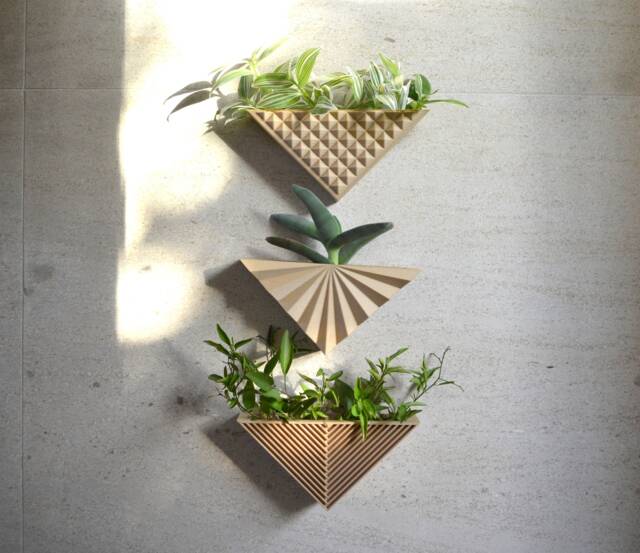 Modern Triangle Set Of 3 Wall Planter Natural Wood Finish - image 1