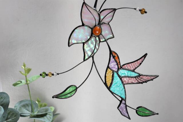 Hummingbird Stained Glass Suncatcher Panel Farmhouse Home House Decor Bird Window Wall Hangings Animal Mother's Gift Living Kitchen Room Art - image 1