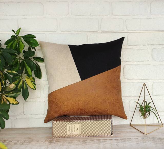 Zen Camel-Black-Beige Color Diagonal Design Distressed Leather Look Fabric Pillow Cover/Housewarming Gift-1Pcs - image 1