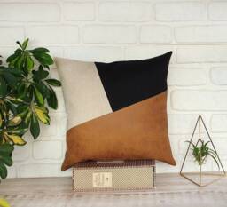 Zen Camel-Black-Beige Color Diagonal Design Distressed Leather Look Fabric Pillow Cover/Housewarming Gift-1Pcs - thumbnail 1