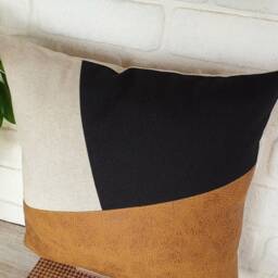 Zen Camel-Black-Beige Color Diagonal Design Distressed Leather Look Fabric Pillow Cover/Housewarming Gift-1Pcs - thumbnail 3