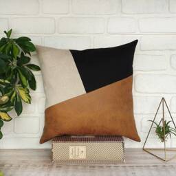 Zen Camel-Black-Beige Color Diagonal Design Distressed Leather Look Fabric Pillow Cover/Housewarming Gift-1Pcs - thumbnail 2