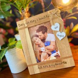 "Love Story Oak Photo Frame - Valentine Anniversary Wife Husband Girlfriend Boyfriend Personalised Solid Wood Picture 6x4"" 7x5" - thumbnail 1