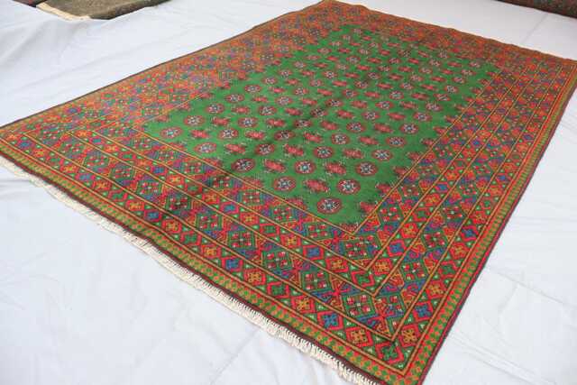 7x10 Green Rug, Turkmen Bukhara Afghan Handmade Plush Wool Oriental Area Rug For Bedroom, Living Room Tribal - image 1