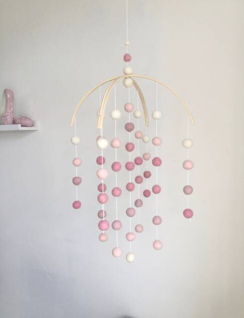 Pink Rainbow Felt Ball Nursery Mobile Arched Baby Crib Decor - image 1