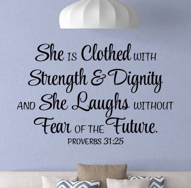 She Is Clothed in Strength & Dignity Wall Decal Proverbs 31 25 Sign Poster Religious Quote Vinyl Sticker Prayer Gift Decor Art 9-08 - image 1