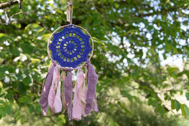 Crochet Dreamcatcher in Purple Colour, Linen & Burlap Ribbons, Framed Dreamcatcher, Wall Decoration, Boho Decor - image 1