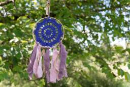 Crochet Dreamcatcher in Purple Colour, Linen & Burlap Ribbons, Framed Dreamcatcher, Wall Decoration, Boho Decor - thumbnail 1