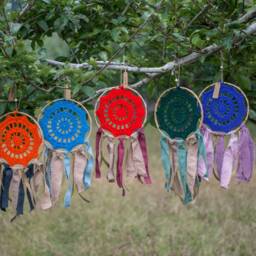 Crochet Dreamcatcher in Purple Colour, Linen & Burlap Ribbons, Framed Dreamcatcher, Wall Decoration, Boho Decor - thumbnail 3