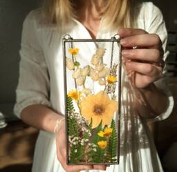 Pressed Flower Suncatcher Botanical Stained Glass Frame, Hanging Wall Art - thumbnail 1