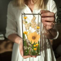 Pressed Flower Suncatcher Botanical Stained Glass Frame, Hanging Wall Art - thumbnail 2